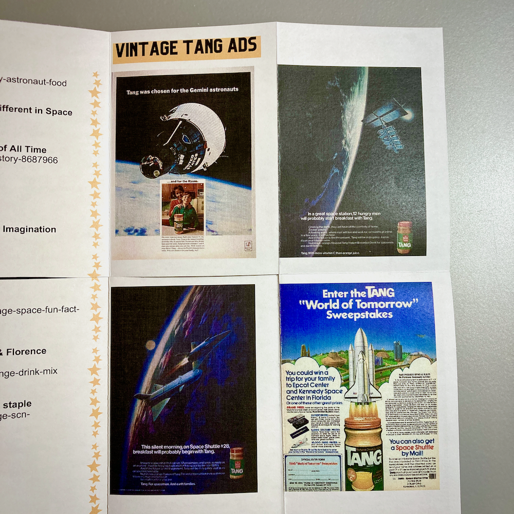 Four examples of vintage Tang ads that were connected to NASA space missions.