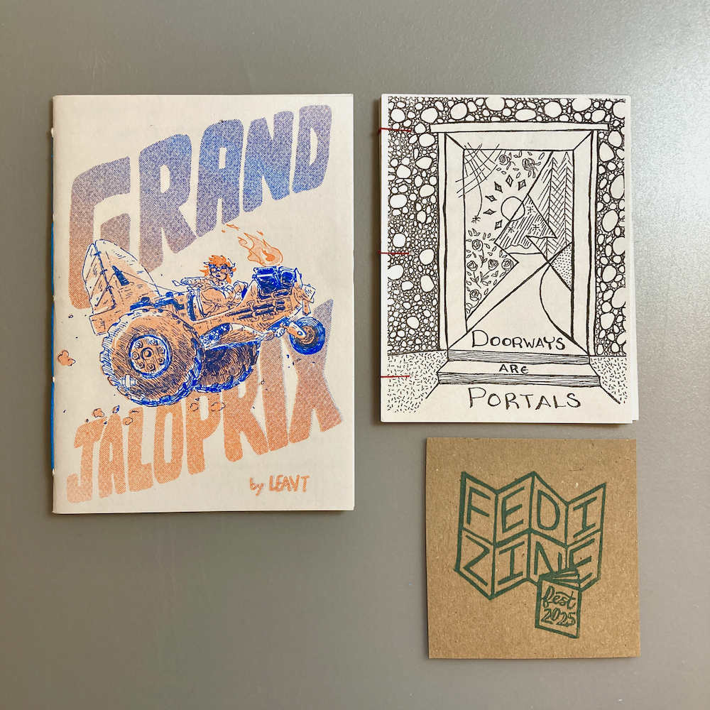 Two zines are displayed, with titles Grand Jaloprix and Doorways Are Portals.