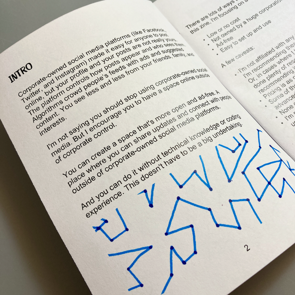 A page from a zine discusses the limitations of corporate-owned social media platforms, with blue abstract shapes at the bottom.