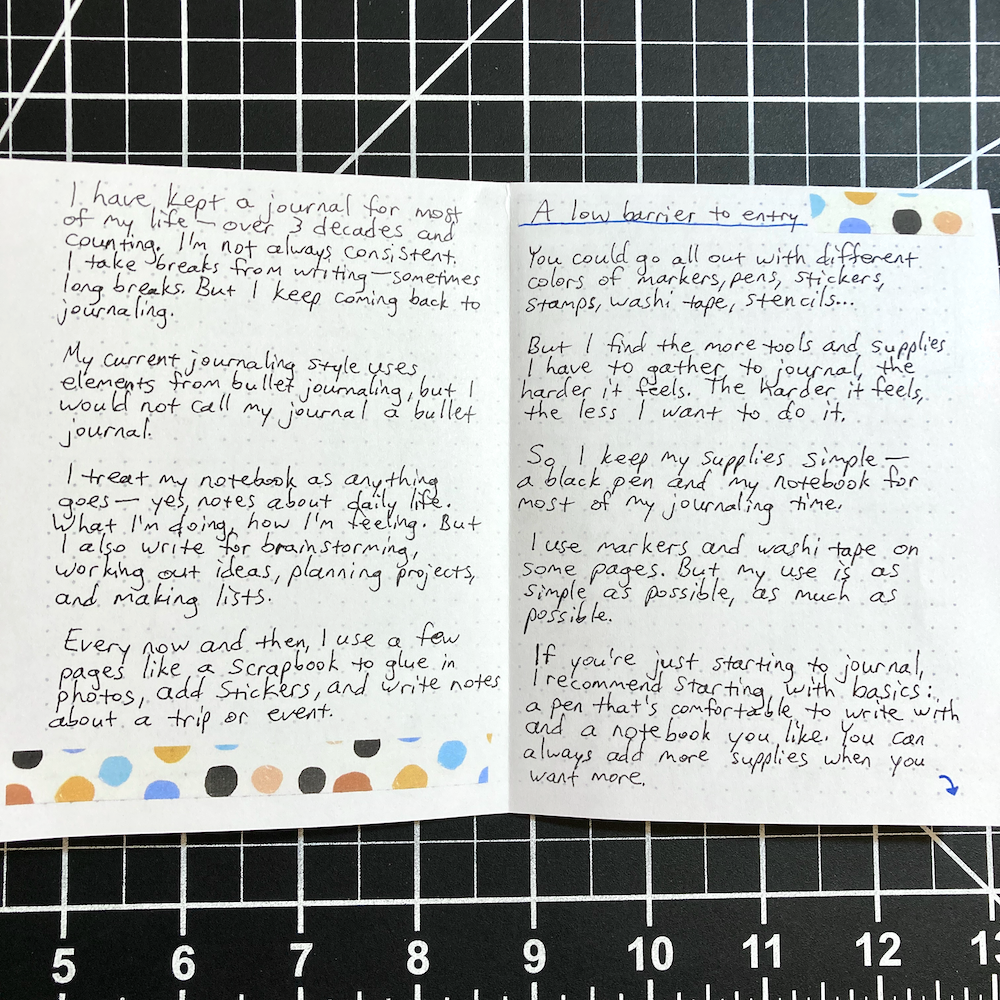 Handwritten pages on dotted paper discuss journaling habits and supplies used. The pages are decorated with multi-color polka dot washi tape.