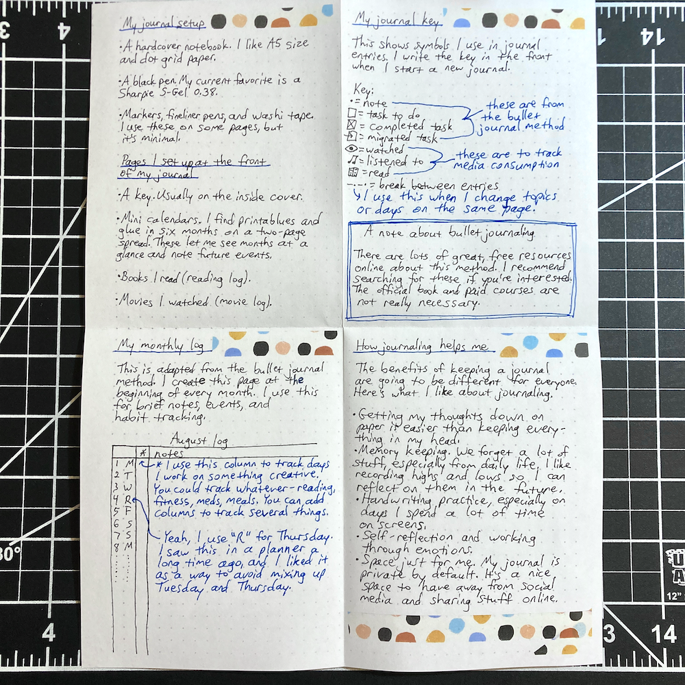 Handwritten lists detail personal journaling supplies and habits, with sections about the current journaling setup, tools, and tips for effective journaling.