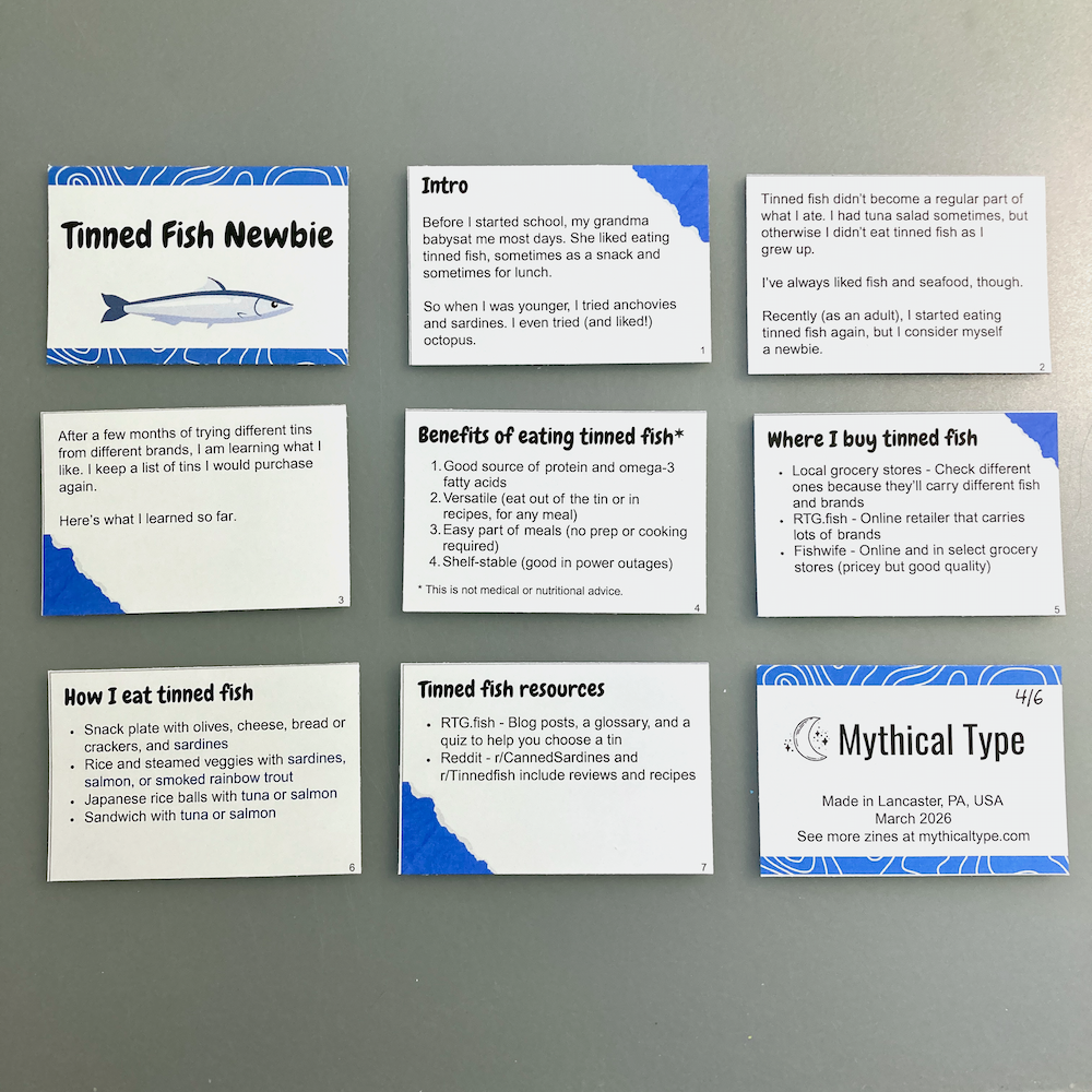 Several cards provide tips and personal anecdotes about trying and enjoying tinned fish.