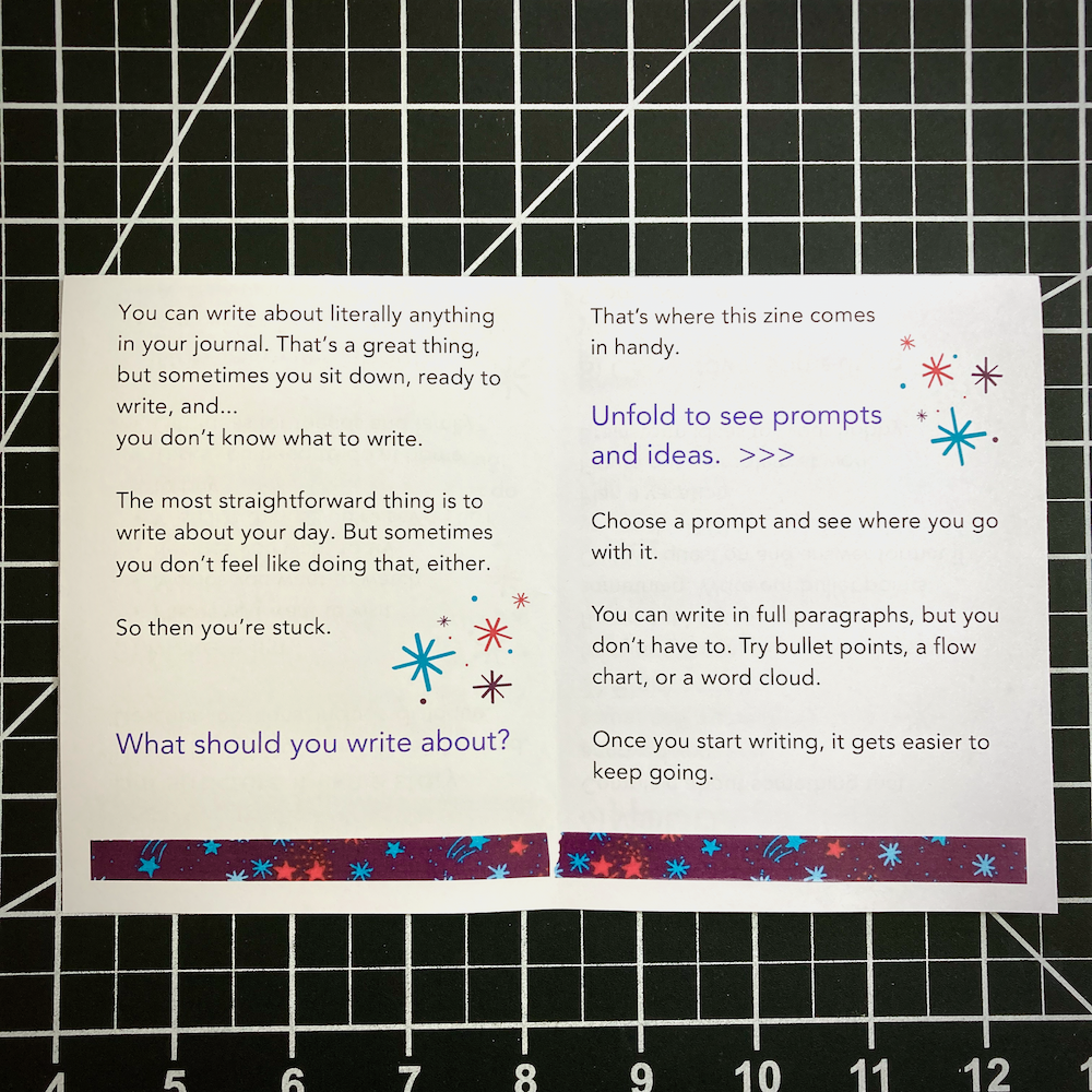 A small zine with prompts, stars, and decorative borders encourages writing without knowing where to start.