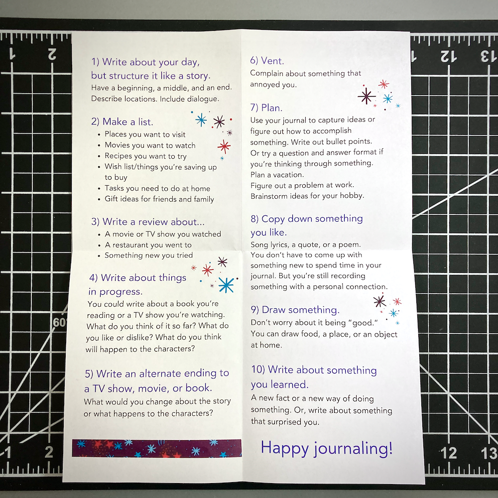 A journal prompt guide with ten writing exercises including brainstorming lists, describing experiences, and creating alternate endings.