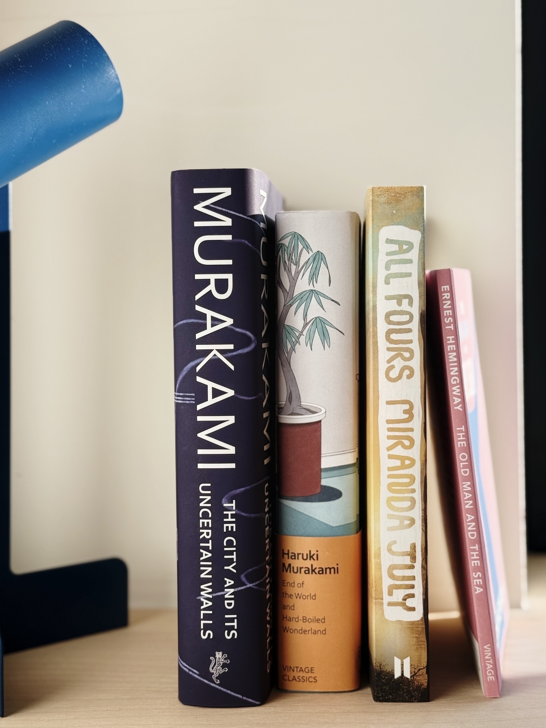 Several books are neatly arranged upright on a shelf next to a blue lamp.