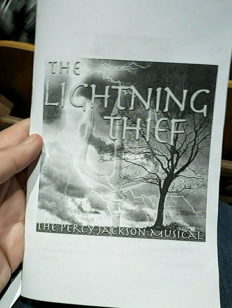 A person holds a brochure for The Lightning Thief: The Percy Jackson Musical featuring a tree with lightning in the background.