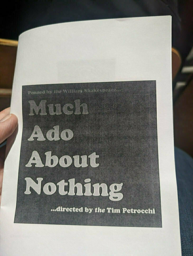 A person is holding a program for a production of Much Ado About Nothing, directed by Tim Petrocchi.