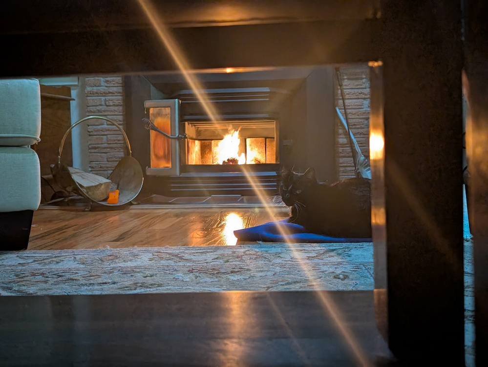 A black cat is lying on a blue mat in front of a lit fireplace, with cozy furniture around.