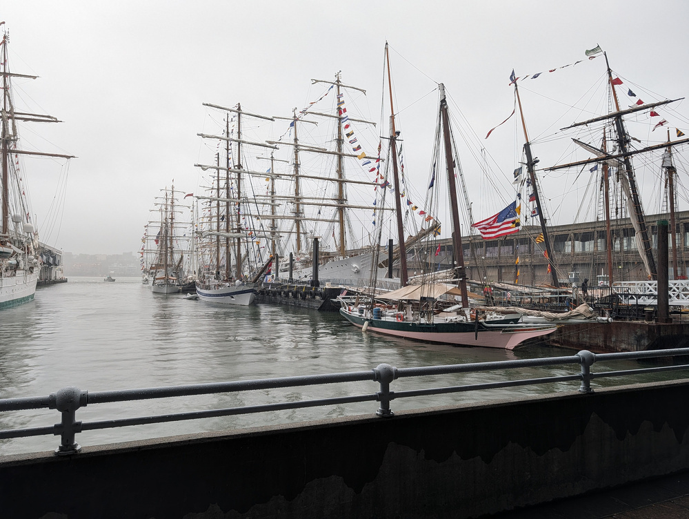 A row of tall sailing ships with masts and rigging are docked along a waterfront on a cloudy day.