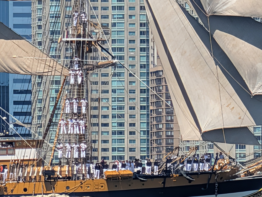 A closer view of the Italian sailors aboard the Amerigo Vespucci as it sails up the Hudson on July 4, 2026.
