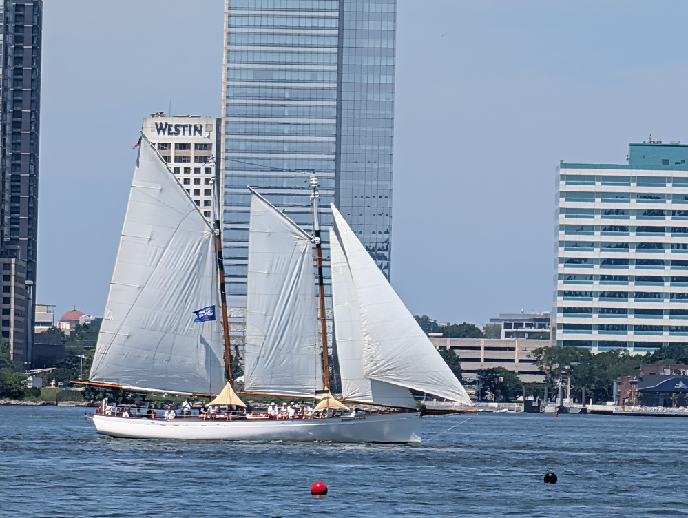 A sailboat with white sails is sailing on a body of water near a cityscape with tall buildings in the background.