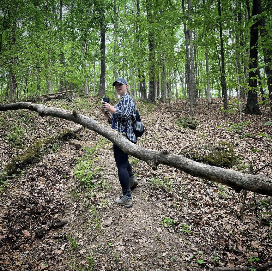 A woman hiking looks back at a branch crossing the trail 