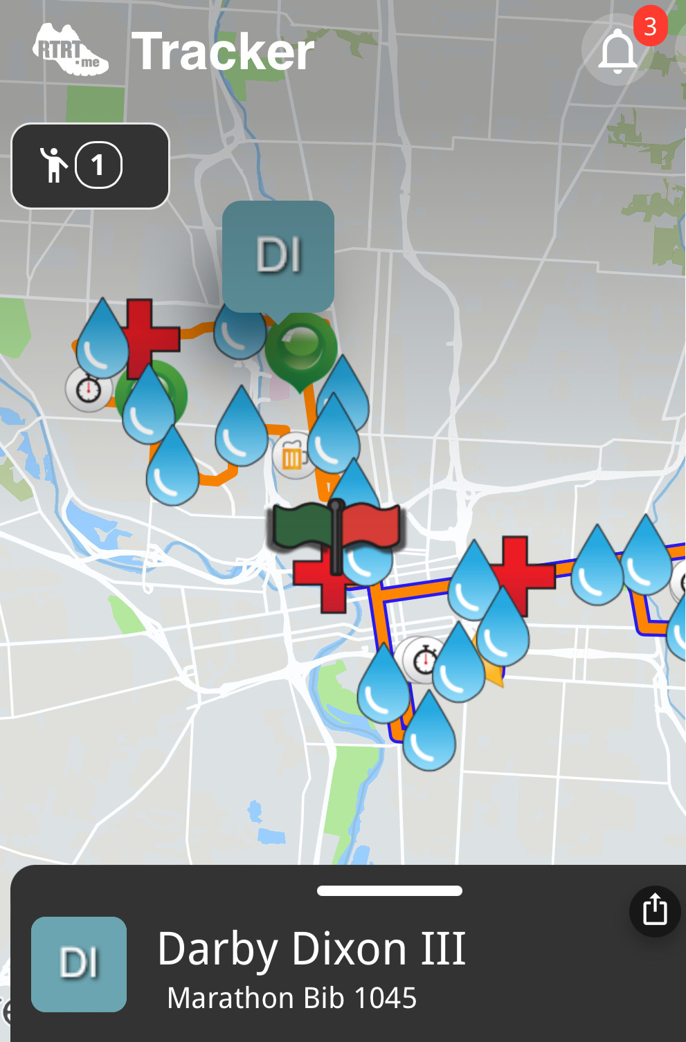 App screenshot showing marathon map with dots indicating runners and water stations. One dot has a label DI indicating Darby.