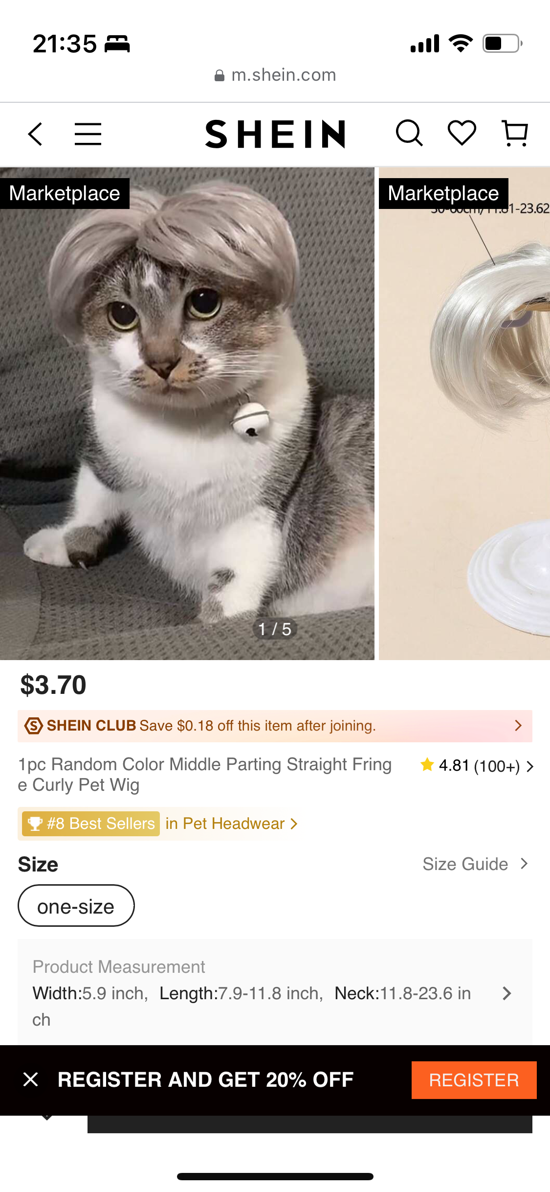 Screenshot of a Temu product description: a pet wig, with a photo of a gray and white cat wearing an awkwardly perched bob-style wig with a middle part