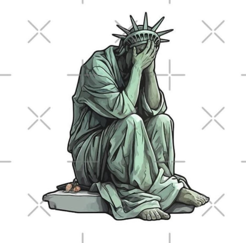 Cartoon of Statue of Liberty crying with her head in her hands.