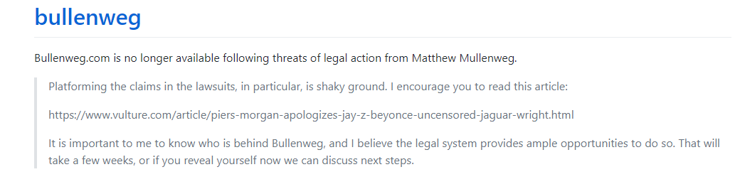 Notice that Bullenweg is down because of threat of legal action from Matt Mullenweg