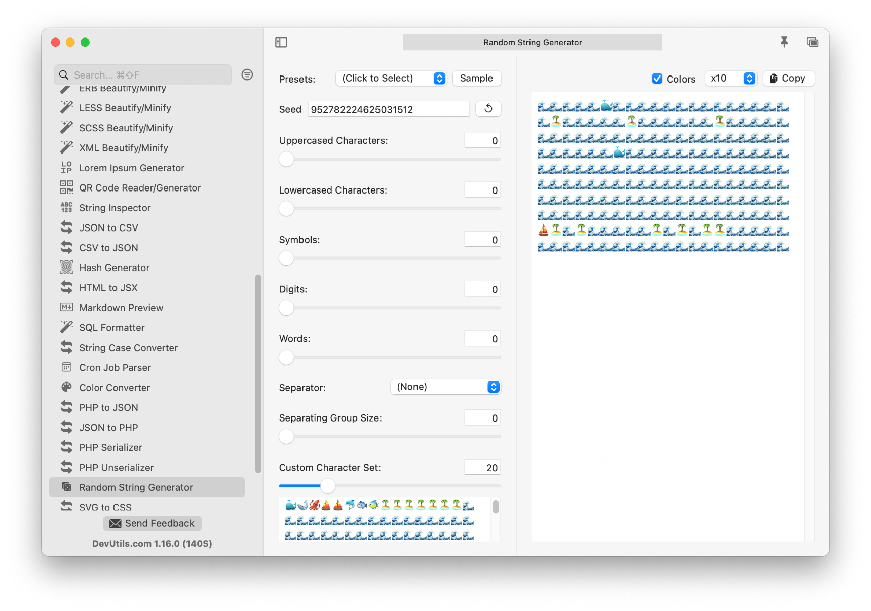 Screenshot of the application, which has a list of tools (e.g. string inspection, JSON manipulation, etc.). The currently selected tool is “Random Seed Generator” which is using a preset to fill out emojis. The string of emojis generated is largely ‘wave’ emojis with some ‘island’, ‘boat’ and ‘whale’ emojis.