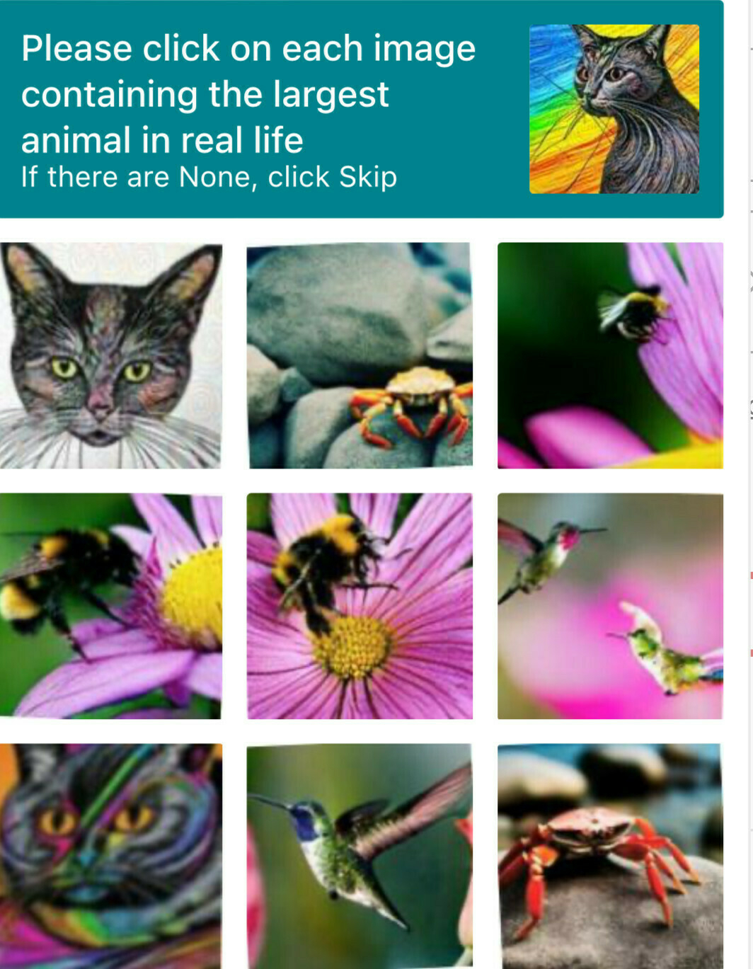 A captcha asking to pick which animal is biggest in real life