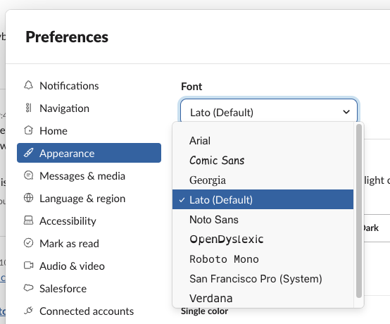 A preferences menu displays font options including Lato, Arial, Comic Sans, and others.