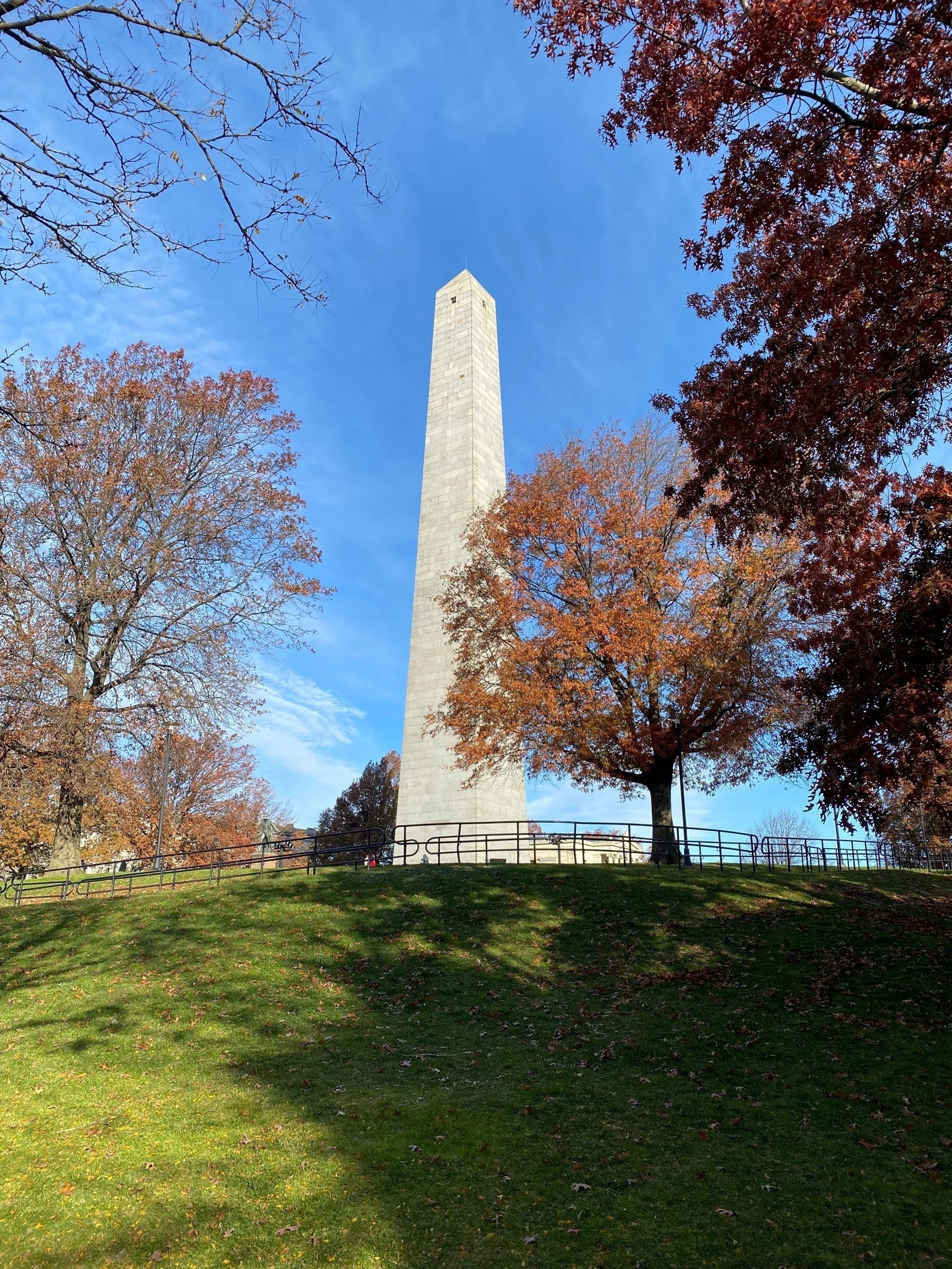 View of Bunker Hill Monument in the afternoon against a blue sky.