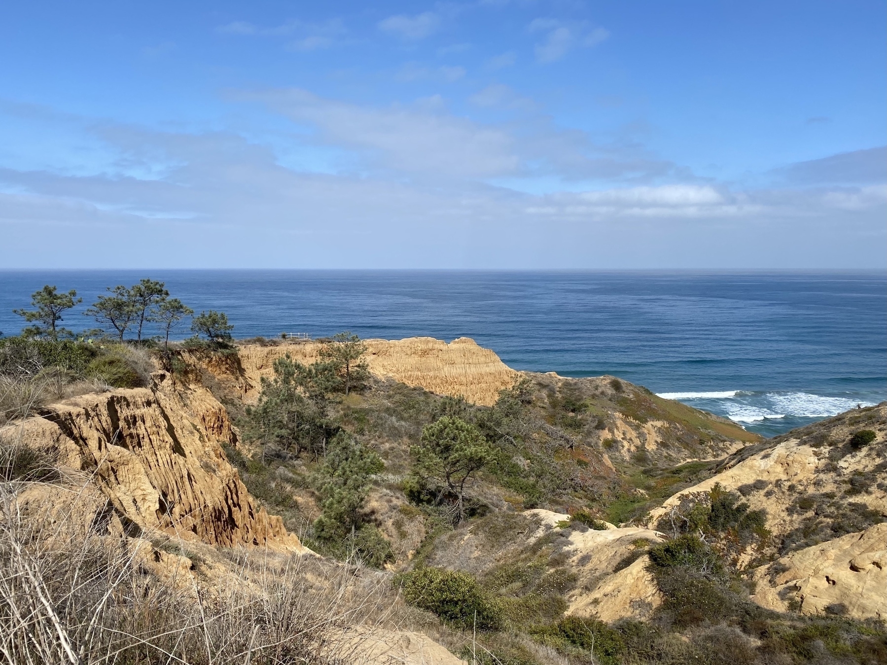 View of a canyon leading down to the ocean.