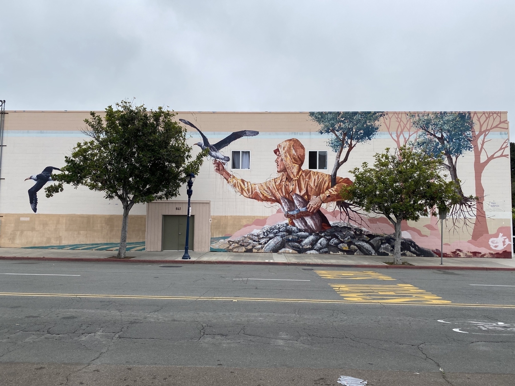 View from across the street of a mual on a building, a figure in a poncho with fish, seagulls, and floating trees; two trees are growing from the sidewalk and blend into the mural.