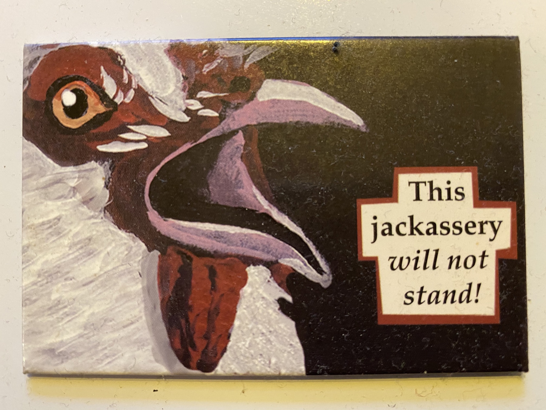 Illustration of an angry chicken's face, with the motto This jackassery will no stand.