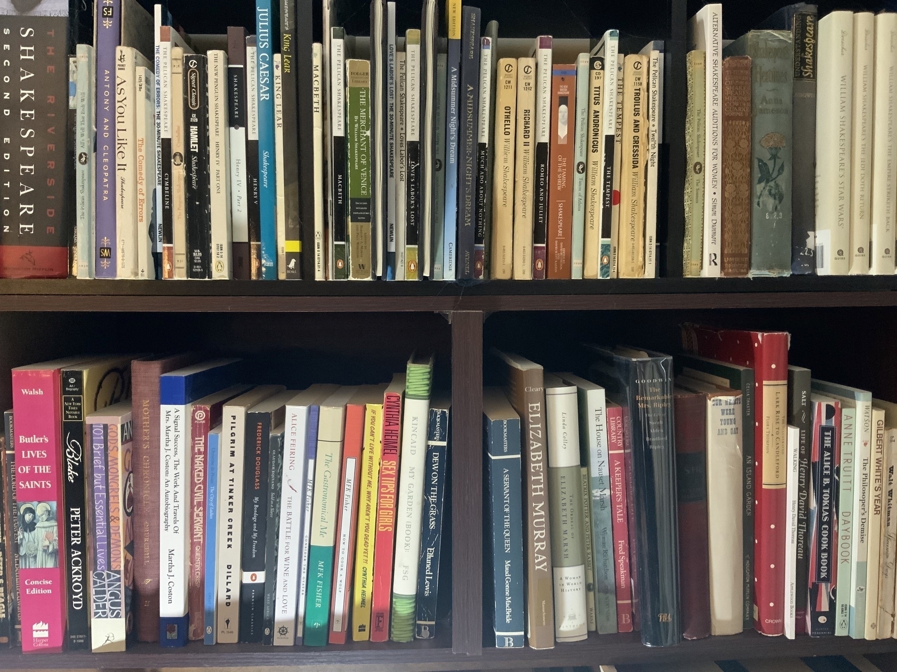 Close up of a bookshelf.