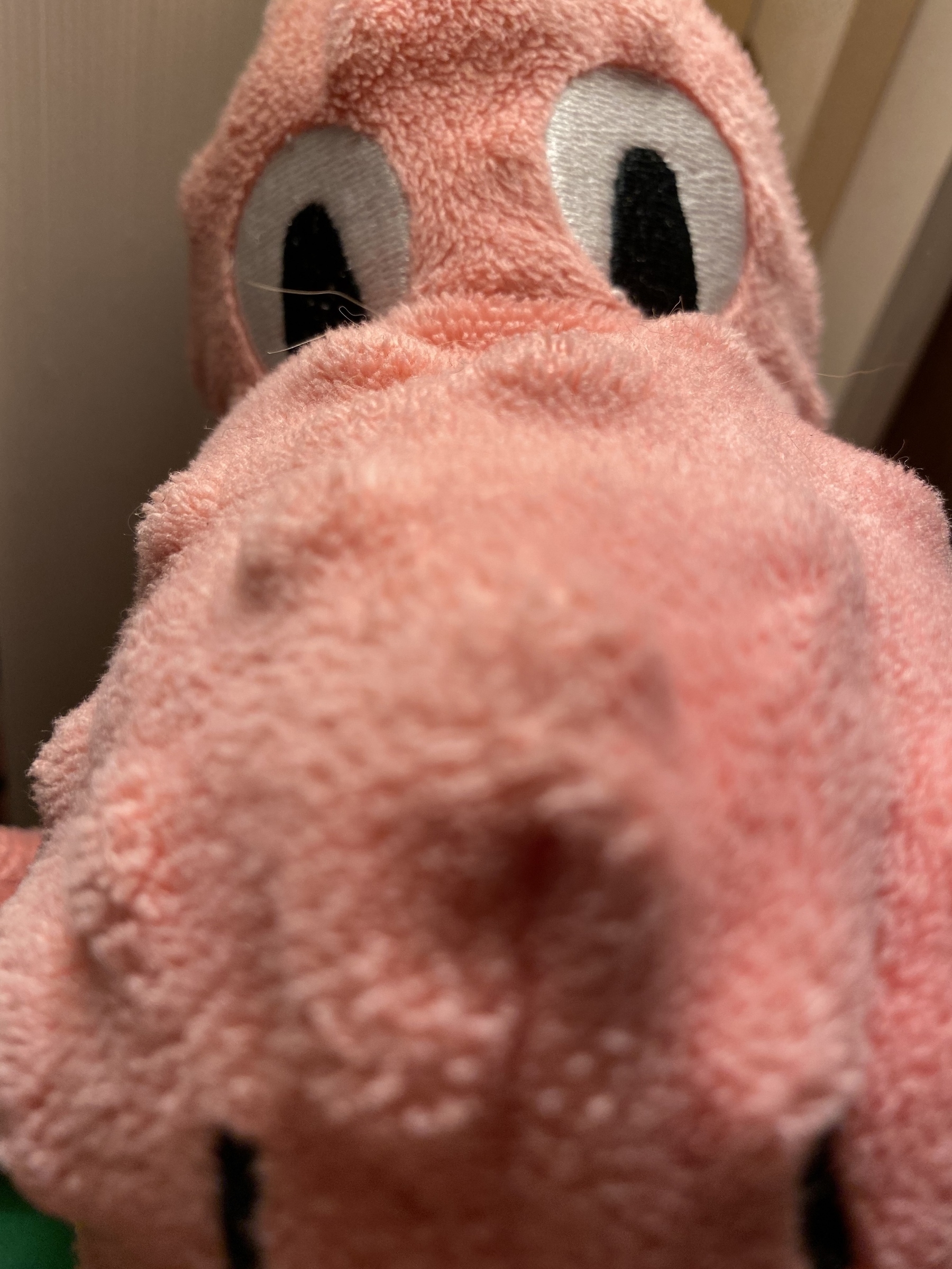 Close up of a pink stuffed creature with a large nose and surprised eyes.