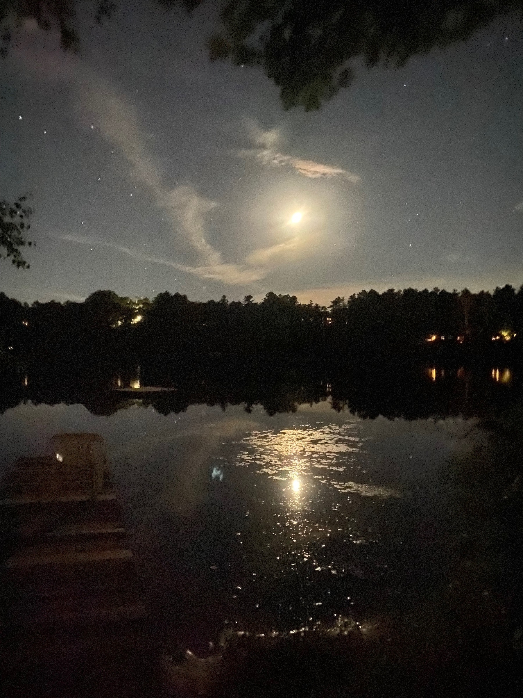 Night view of a pond with the moon and stars above, lights on the far bank, and reflections in the calm waters.
