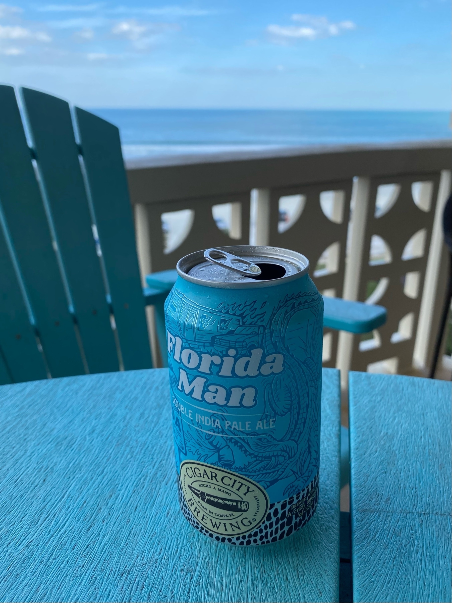 Beer can sitting on a table with the ocean in the background.