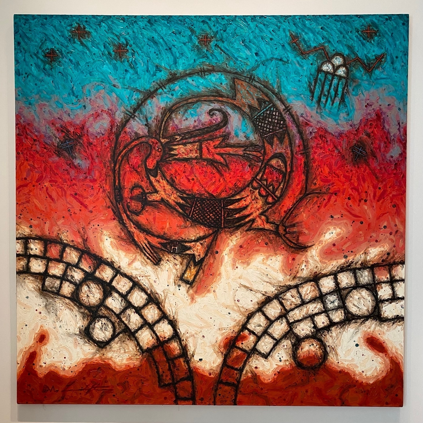 Dan V. Lomahaftewa, Dream of Ancient Life, 1995, painting of bird symbols against a bright red and blue background.