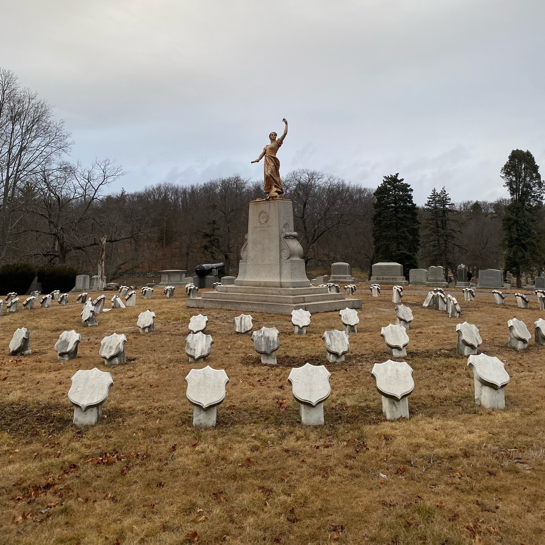 Statie of Victory surrounded bu the graves of Civil War soldiers.