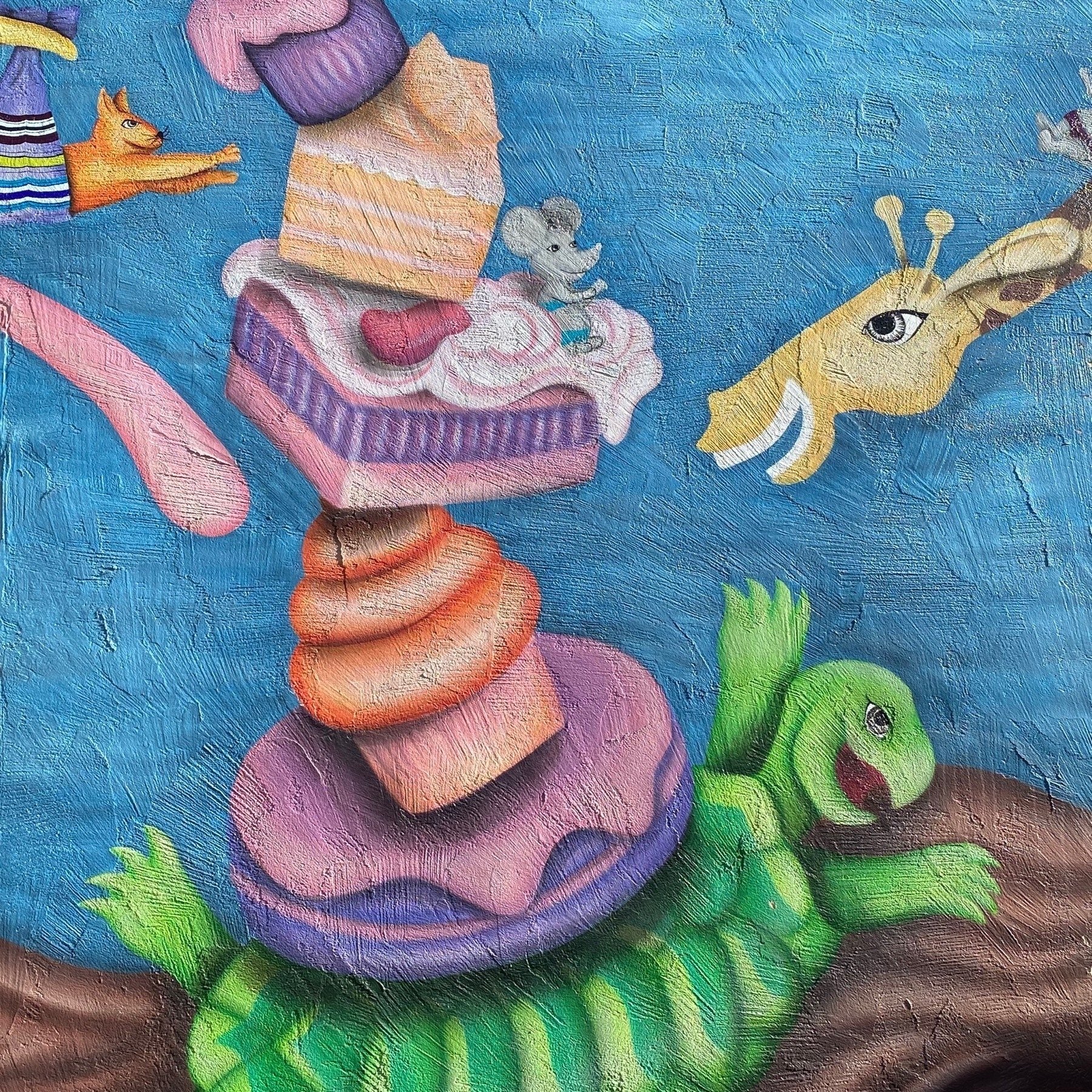 Wall mural of a turtle in its back with a pile of pastries on top, a mouse, cat, and giraffe trying to eat the pastries.