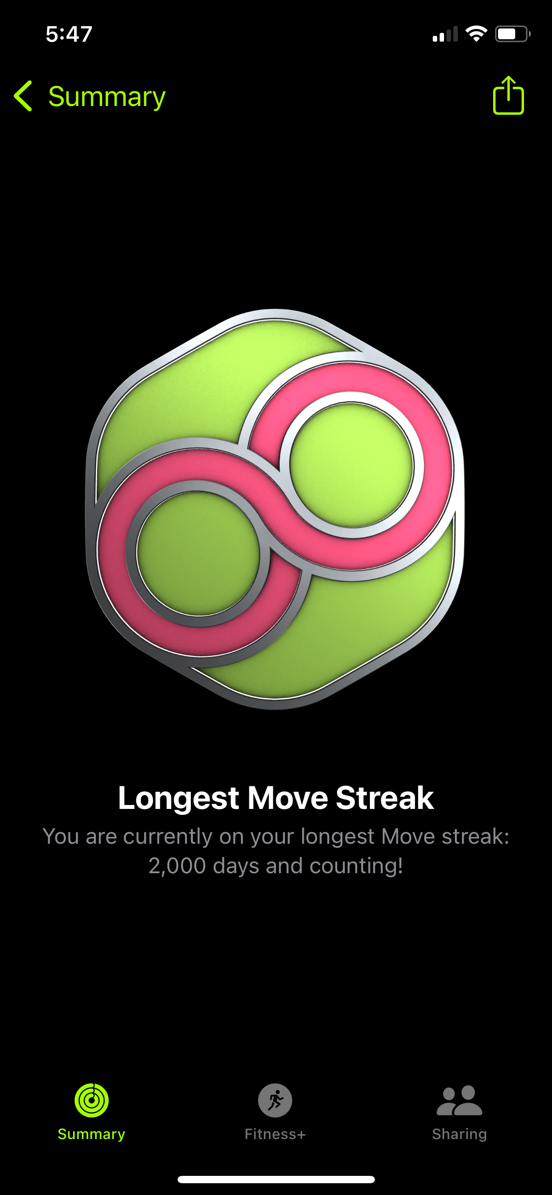 Screen shot of the Fitness app, longest move streak 2,000 days and counting.