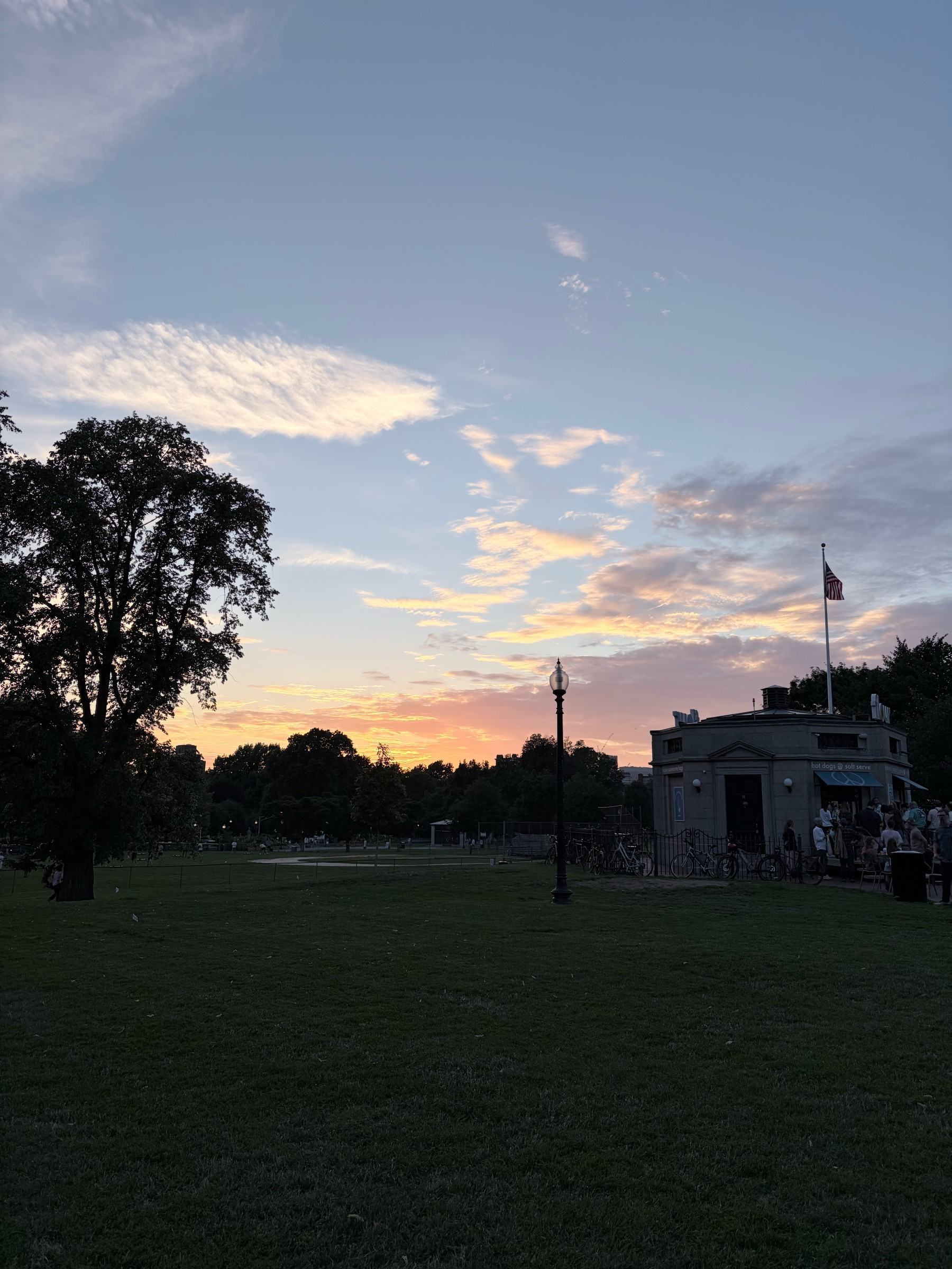 View of Boston Common just after sunset, with the p,ae blue sky above streaked with wispy white clouds, a kiosk with a flagpole silhouetted on the right and a tree on the left. 