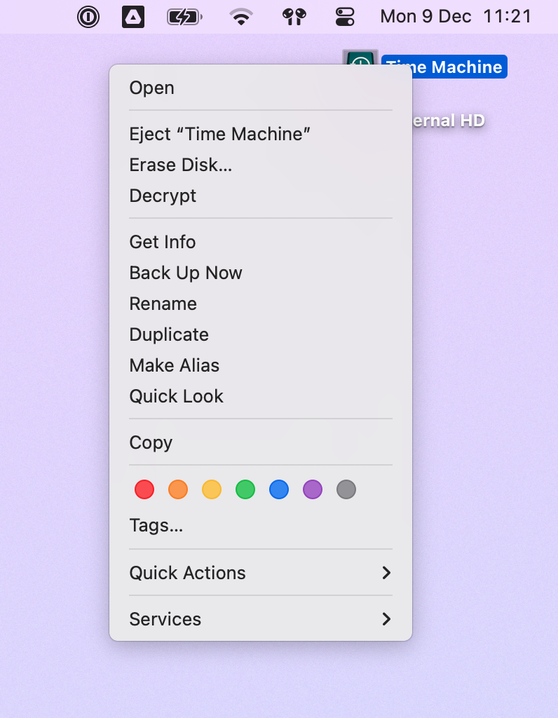 The context menu for external drives on Mac OS X