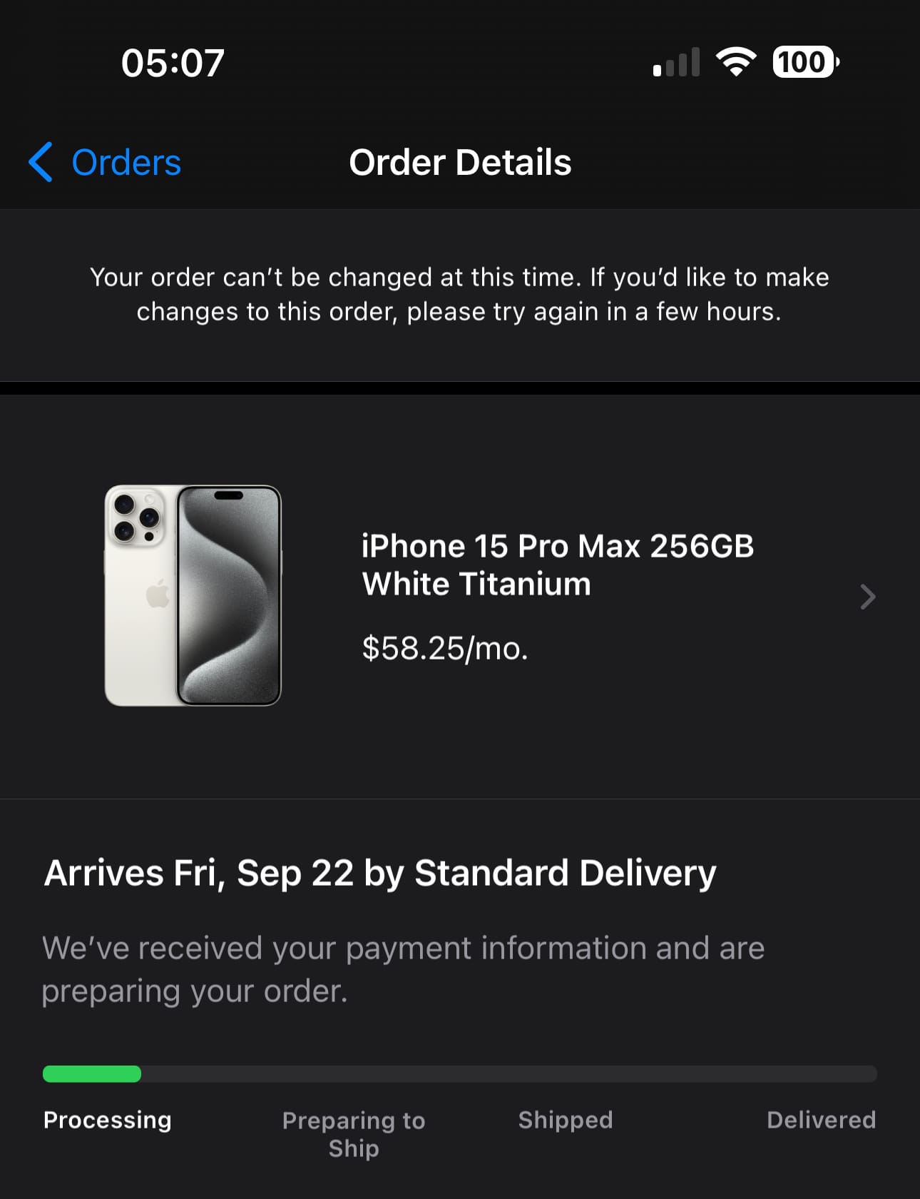 A screenshot of my iPhone 15 Pro Max pre-order confirmation.