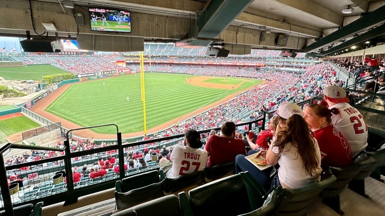 A view of the baseball field at Angel Stadium from the left field side