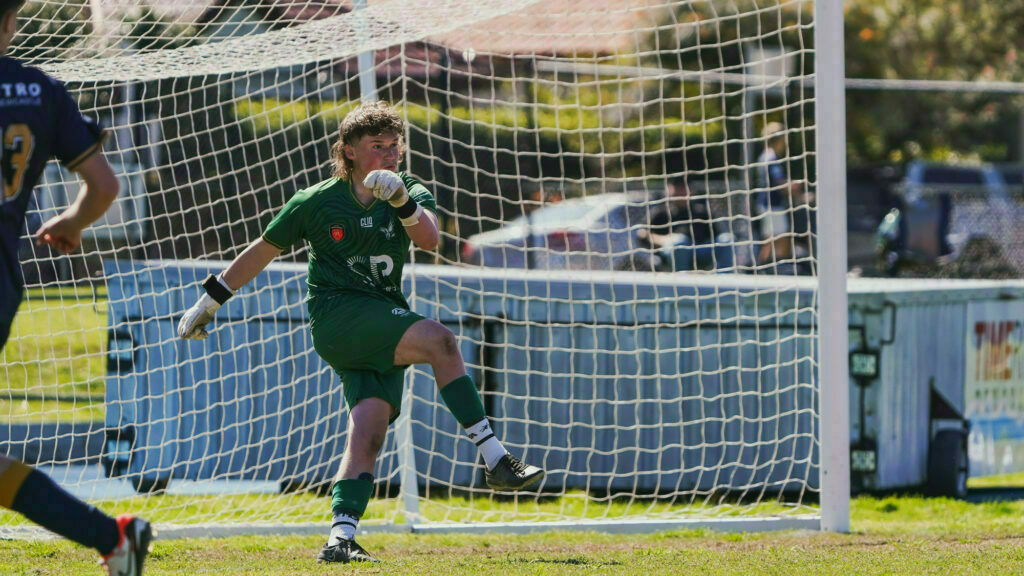 A soccer goalie in a green uniform is caught mid-action while defending the goal during a game.