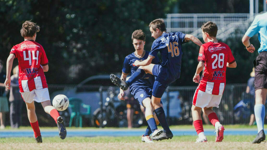 A group of young soccer players in blue and red jerseys are actively competing for the ball on a grassy field.