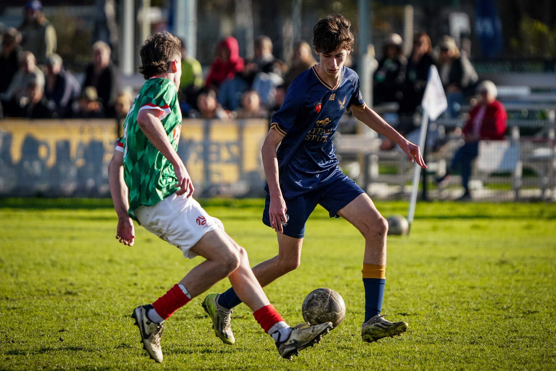 Two soccer players are competing for the ball on a grassy field during a match, with spectators in the background.