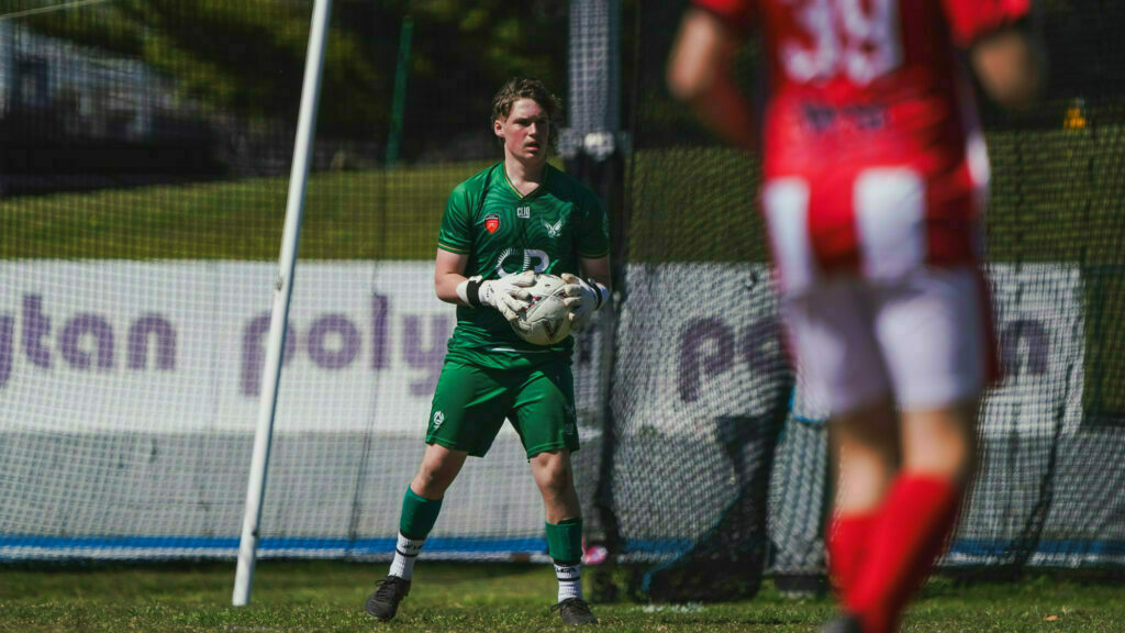 A soccer goalkeeper in green prepares to defend as a player in red approaches on the field.