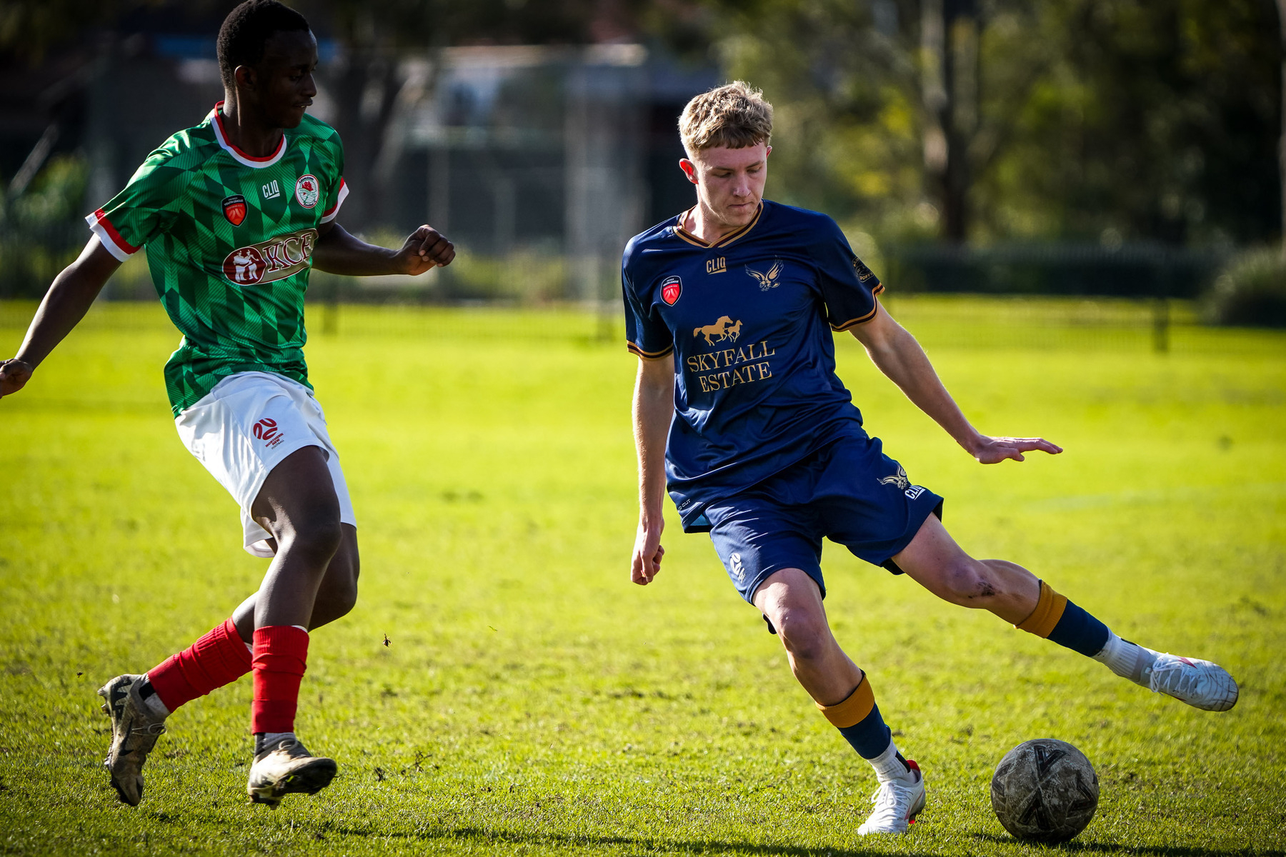 Two soccer players compete for the ball on a grassy field during a match.