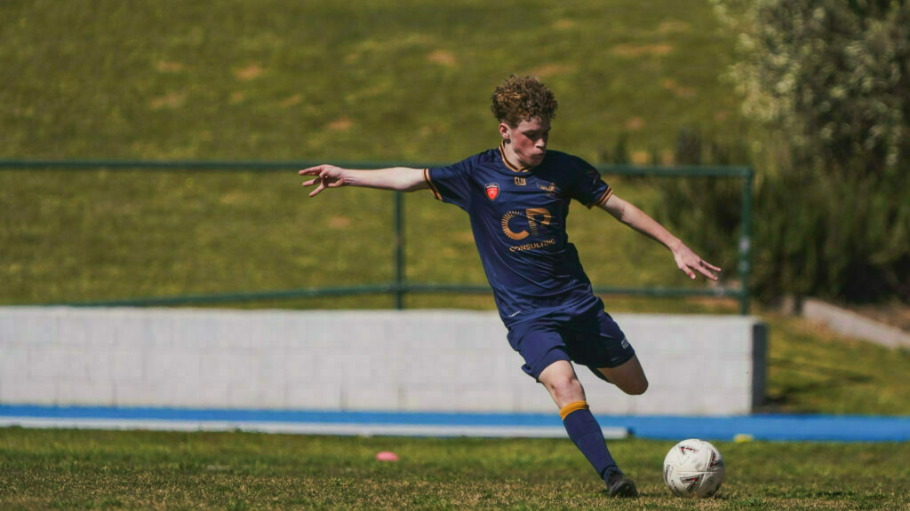 A soccer player in a blue uniform is kicking a ball on a grassy field.