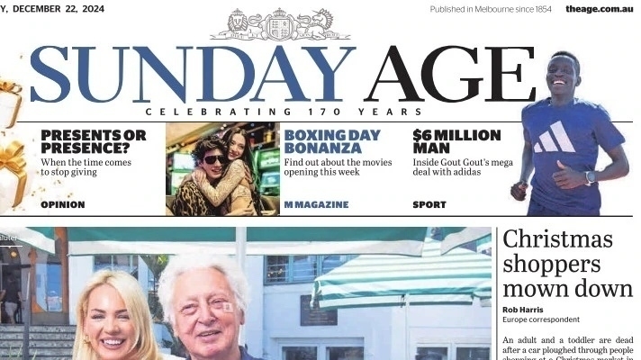 A newspaper front page featuring various articles, a large "Sunday Age" header, and a photo of a smiling runner.