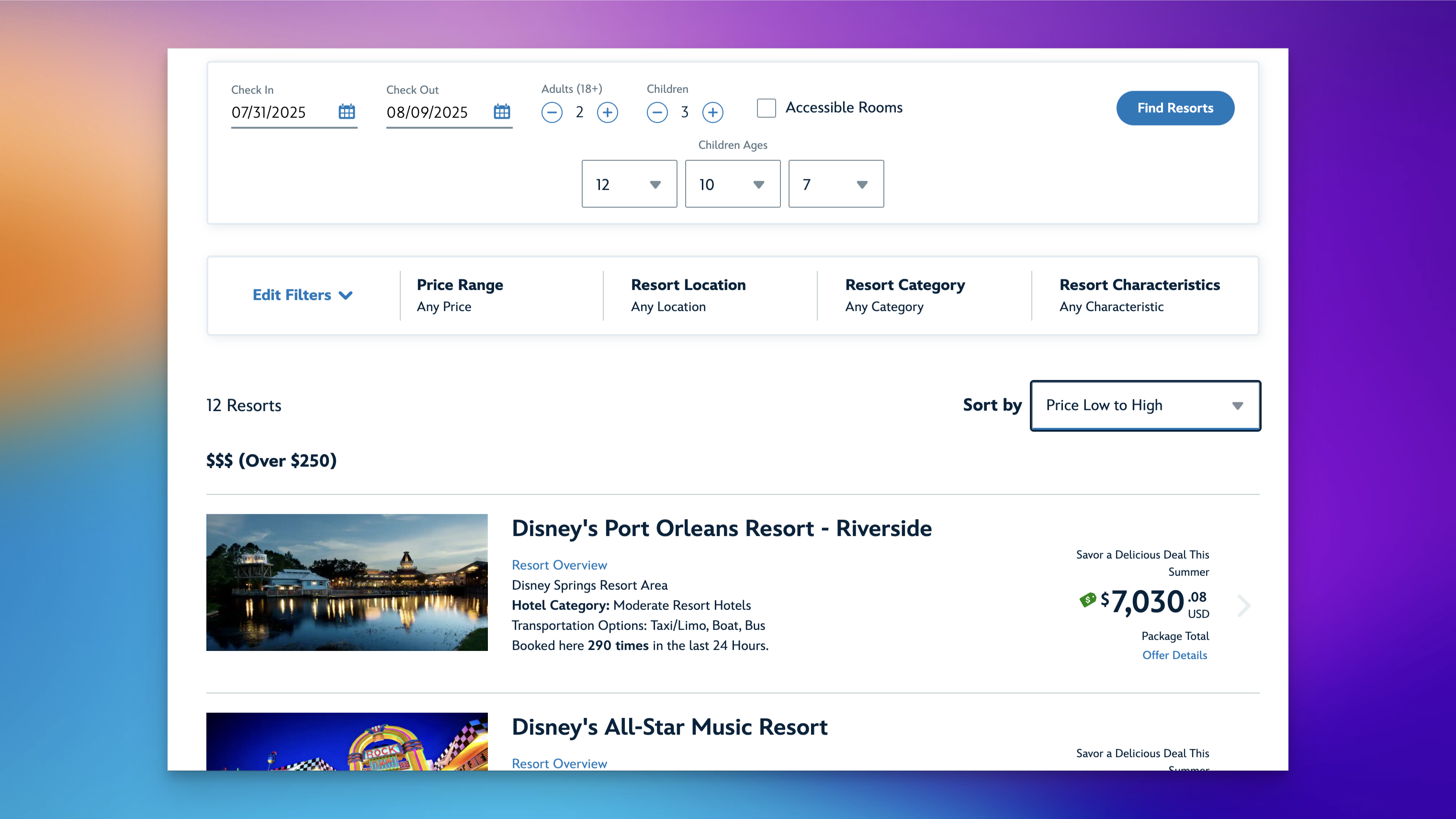 Auto-generated description: A resort booking webpage displays search options, filters, and a list of available resorts with pricing details.