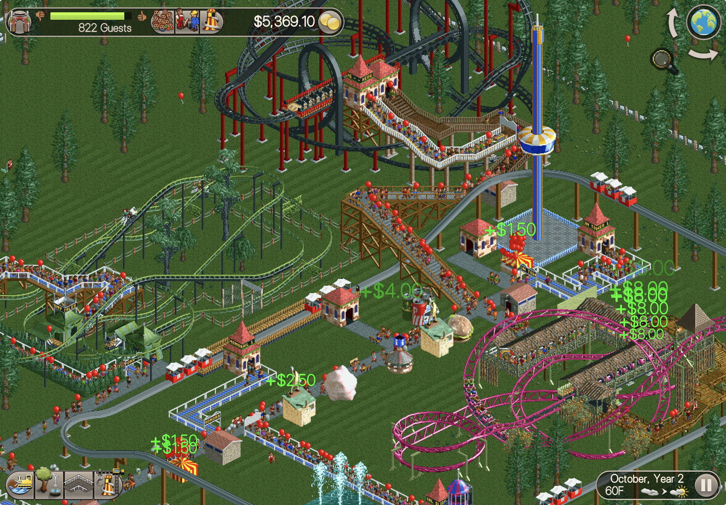 An amusement park scene from a video game features various rides, attractions, and pathways bustling with visitors.