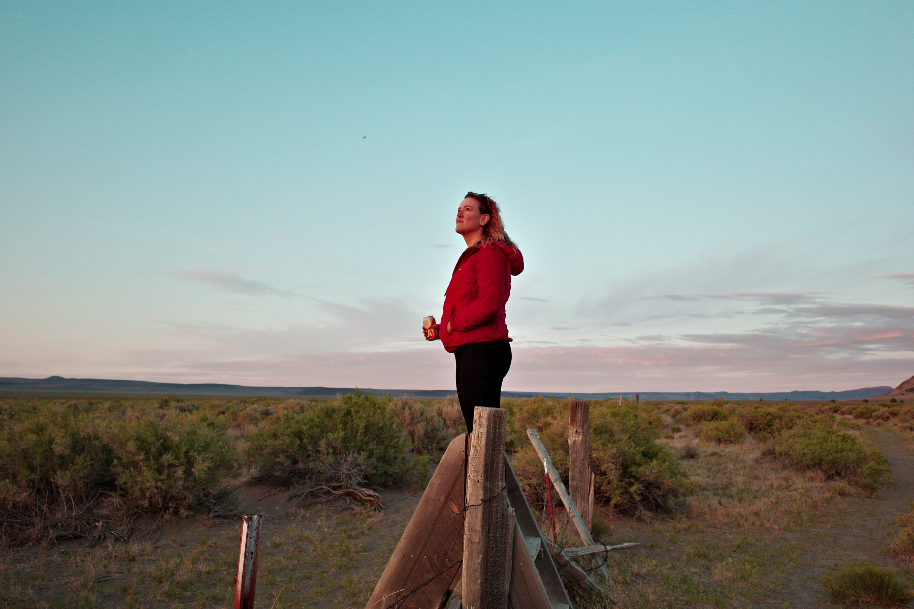 A person wearing a red jacket stands on a wooden fence overlooking a vast, open landscape during sunset.