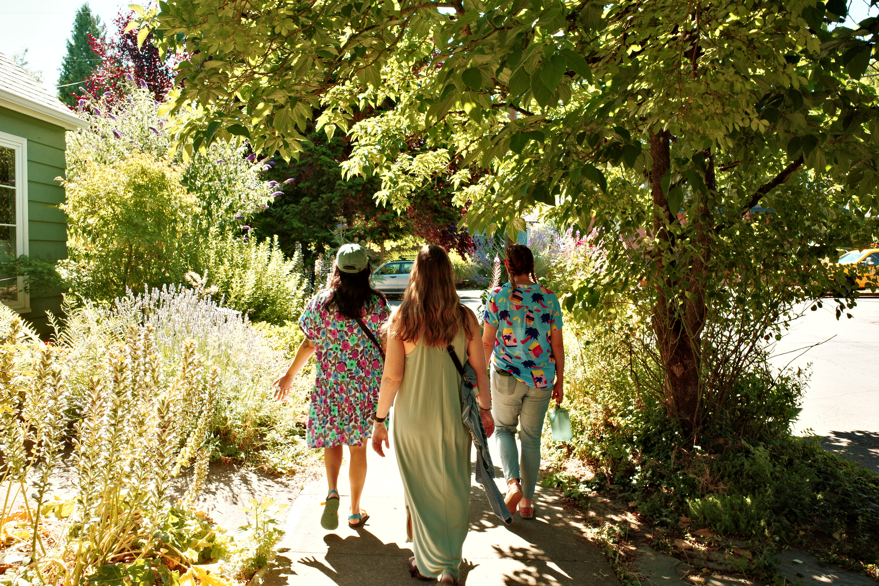 Three people are walking along a sunny sidewalk surrounded by lush greenery and trees.